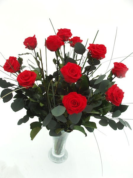 A dozen preserved red roses with eucalyptus foliage filler