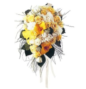 An arrangement of preserved roses in yellow and white